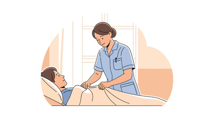 Compassionate Nurse Gently Tucks Patient In Bed Providing Comfort and Care, Ensuring Wellness
