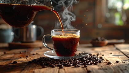 A steaming hot drink being poured into a transparent mug on a rustic wooden table, rich aromatic coffee with roasted beans scattered around.