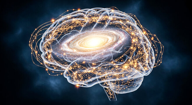 A glowing brain with galaxy-like neural pathways symbolizing intelligence, creativity, and cosmic interconnectedness in digital art. - Powered by Adobe