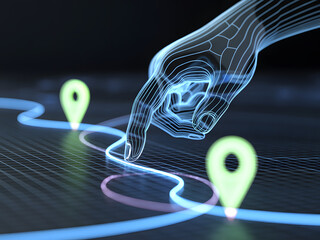 Digital hand traces futuristic navigation path with glowing location markers
