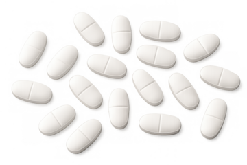 White pills and tablets falling, illustrating medication, health, treatment, pharmacy, and drug concepts on transparent background