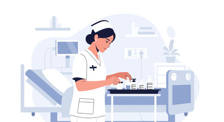 Dedicated Nurse Preparing Medication In Hospital Room For Patient Treatment Procedures