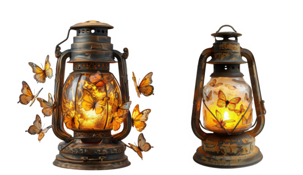 Two antique, rusted lanterns with glowing warm light and butterflies, isolated on transparent background
