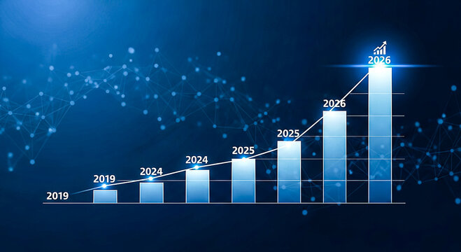 A glowing blue bar chart illustrating growth trends from 2019 to 2025, set against a dark, digital backdrop.