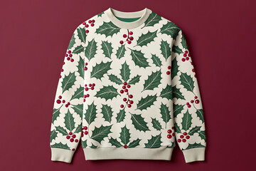 Cozy christmas sweater with festive holly berry pattern on a dark red background