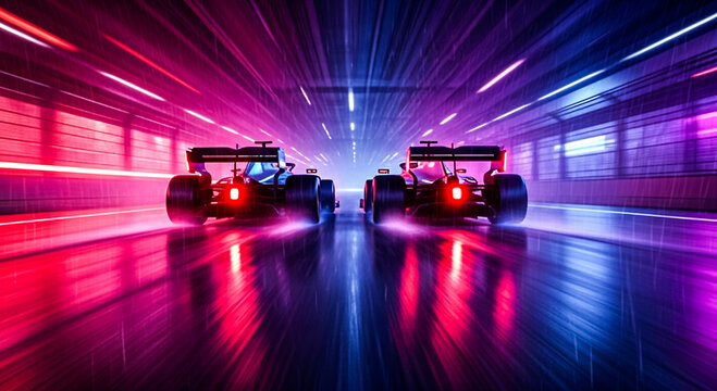 Two sleek Formula One race cars speed on a futuristic track, glowing with neon lights and dynamic motion blur effects. 