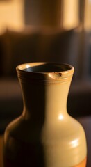Close-up of a ceramic vase with a narrow neck and smooth surface, illuminated by warm ambient lighting in a cozy indoor setting