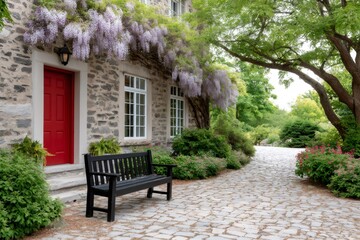 Stone house with red door, wisteria, and cobblestone path