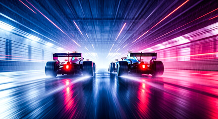 Two sleek race cars speed on a futuristic track, surrounded by dynamic light streaks and motion blur, creating an intense, high-energy scene. 