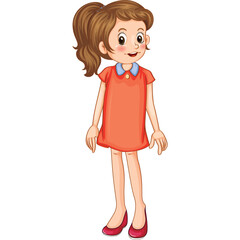 Young Cartoon Girl With Brown Hair Tied In Ponytail Wearing Red Dress And Red Shoes Standing On White Background