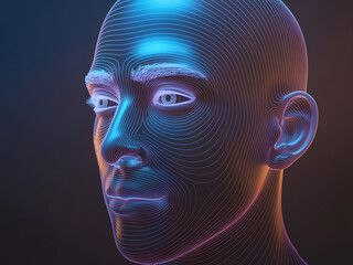 Futuristic digital human head with neon blue and orange lighting