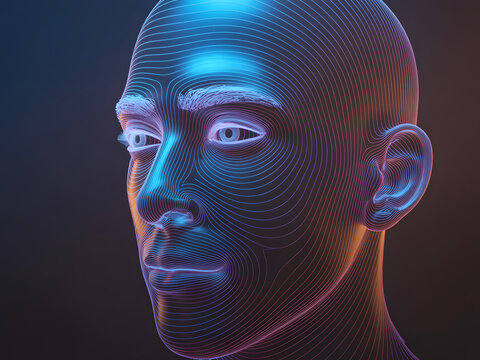 Futuristic digital human head with neon blue and orange lighting