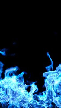 Vertical fantasy blue flames burn rendering cut out on black backgrounds 4k