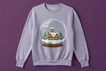 Cozy winter scene snow globe graphic on lavender sweatshirt