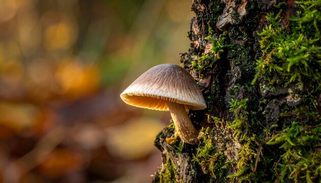 Mushroom on Mossy Tree Trunk in Autumn Forest. - Powered by Adobe