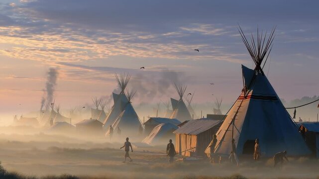 A quiet Native American village with traditional tipis stands in the morning mist as warm sunrise light spreads across the landscape and smoke rises gently into the sky