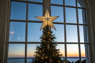 Festive Christmas Tree with Star Topper against Sunset View from Window
