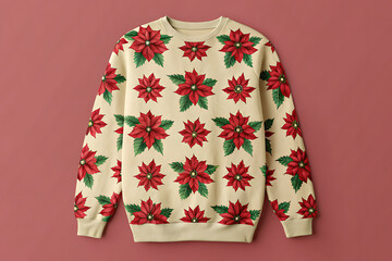 Cream colored christmas sweater with repeating red poinsettia floral pattern