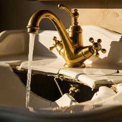 A close-up of a vintage brass faucet with water flowing into a damaged porcelain sink, showing signs of age and wear in a rustic bathroom setting