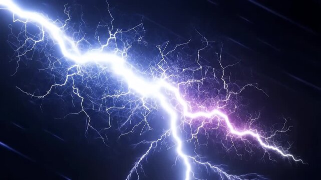 A dynamic and electrifying video sequence showcasing powerful, branching lightning bolts illuminating a dark, deep blue background. Bright white and vivid blue tendrils of electricity surge and spread