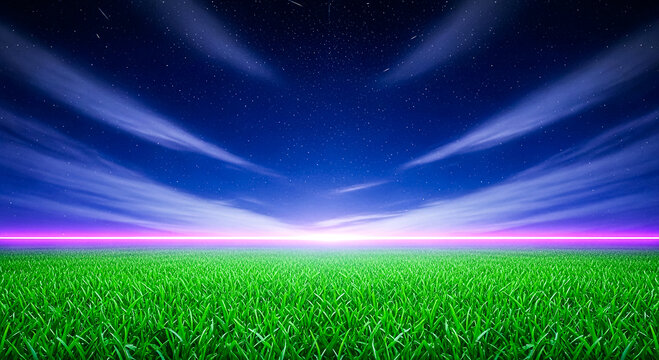 A serene landscape featuring a vibrant green field under a colorful sunset sky with smooth, sweeping clouds.