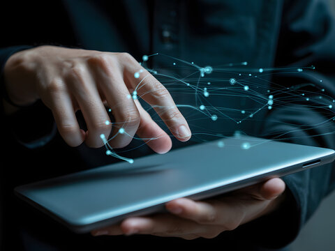 Hacker interacting with digital network on tablet - Powered by Adobe