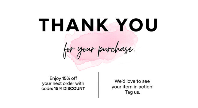 Elegant thank-you card featuring a pink heart, perfect for expressing gratitude to customers after a purchase. Clean design.