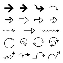Different Styles of Hand Drawn Black Arrow Icons and Directional Symbols Set