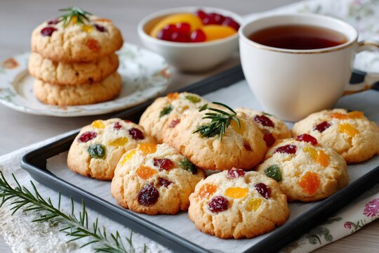 Sweet cookies with candied fruit, rosemary, and tea