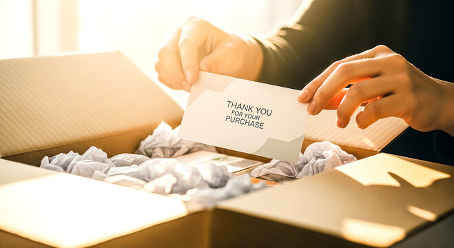 A person carefully opens a cardboard box filled with shredded paper and reads a handwritten note, creating a moment of anticipation.