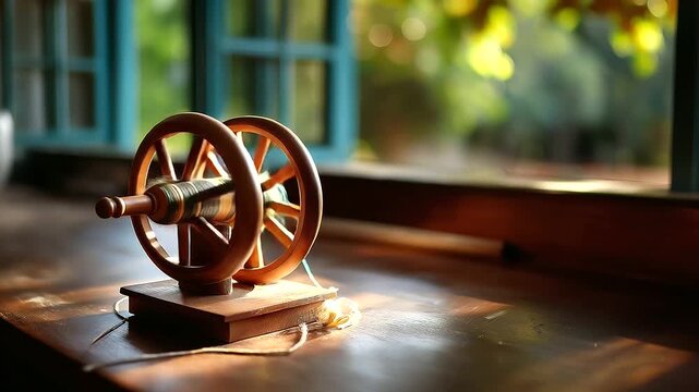 Spinning charkha in Gandhian ashram room, soft window light, India, charkha, Gandhi, handspun, khadi, heritage, simplicity, craft, history, with copy space