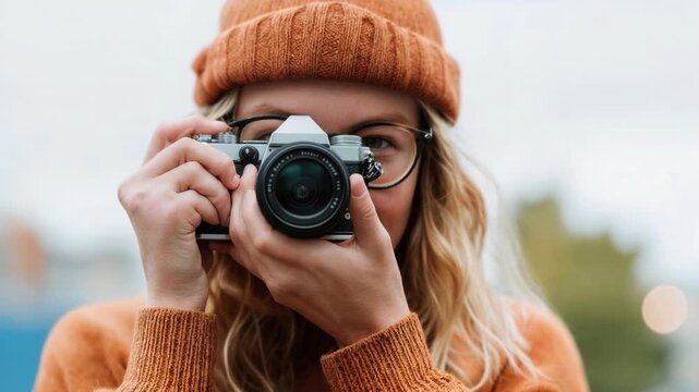 Smiling woman raises camera for a candid street portrait in soft morning light