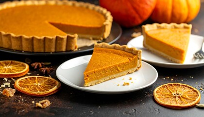 Delicious Pumpkin Pie Slices and Whole Pie for Thanksgiving.