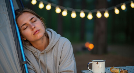 A tired woman in a grey hoodie is asleep leaning against a tent pole outdoors at night, illuminated by a string of lights.