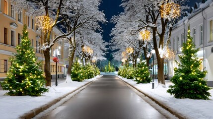 Fototapeta premium Christmas street decorated with lights and snow