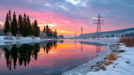 Winter sunset over frozen river with power lines