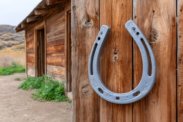 Horseshoe bringing luck hanging on rustic wooden cabin