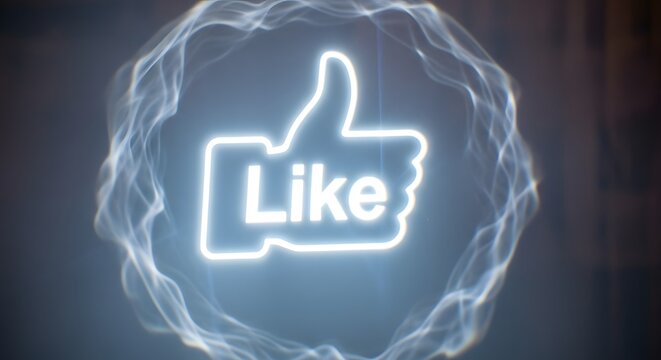 A glowing neon sign of a thumbs-up symbol with the word 'Like' inside, surrounded by a circular electric aura, representing social media approval and engagement
