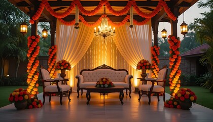 Vintage Bengali wedding stage with antique furniture, lanterns, marigold and rustic florals