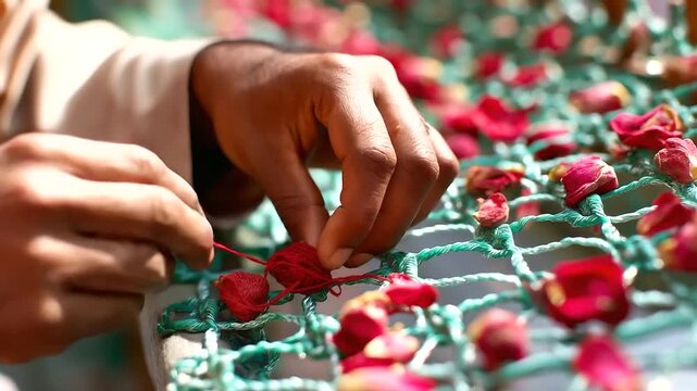 Devotee tying thread at dargah lattice, rose petals scattered, India, dargah, prayer, Sufi, devotion, ritual, culture, peace, faith, with copy space