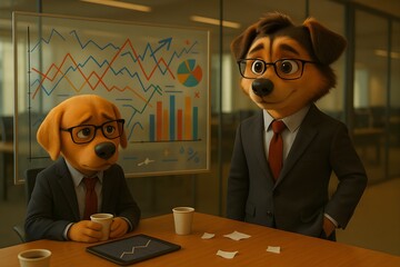 Business Dogs in Office Meeting – Cartoon Dogs Analyzing Charts and Graphs