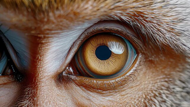 Extreme Close-Up Monkey Eye Looking Around. Macro video of curious primate amber eye with detailed iris slowly scanning against blurred fur background.  