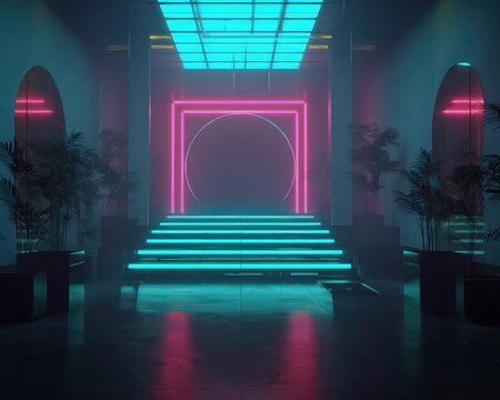 Abstract Architectural Space with Neon Lighting and Geometric Shapes Interior Hallway Featuring Square and Circular Neon Lights Reflecting on Shiny Floor - Powered by Adobe