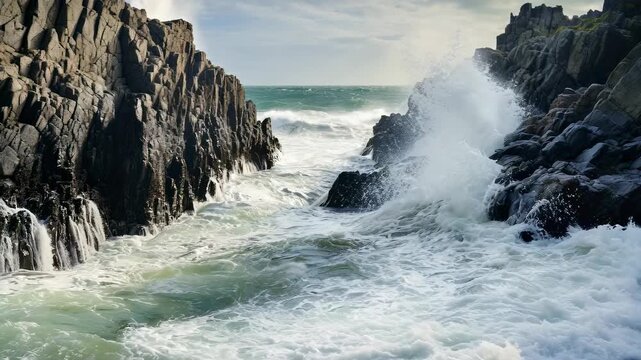 荒磯に波、岩礁と荒波の海の自然風景動画