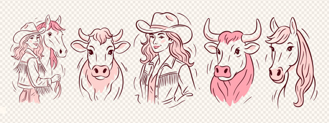 Western illustration set with cowgirl, cowboy, horse, cow and bull in pink rodeo style, featuring hats and hand-drawn characters. This cowgirl western artwork fits fashion, emblems or wild west themes