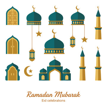 Flat vector icon pack of stylized mosque doors, domes, and minarets