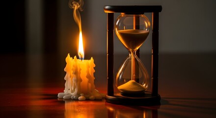 A close-up of a melting candle with a flame next to an hourglass on a dark wooden surface, symbolizing time and the passage of moments