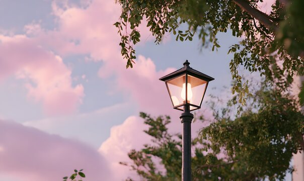 a street lamp is shining brightly, with pink clouds in the sky and green trees on both sides of it
