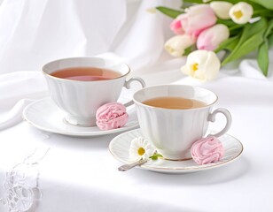 Elegant composition of two teacups, saucers, marshmallows, and flowers on white linen