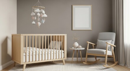 Modern Minimalist Nursery Room with Wooden Crib and Comfortable Glider Chair for Baby Care and